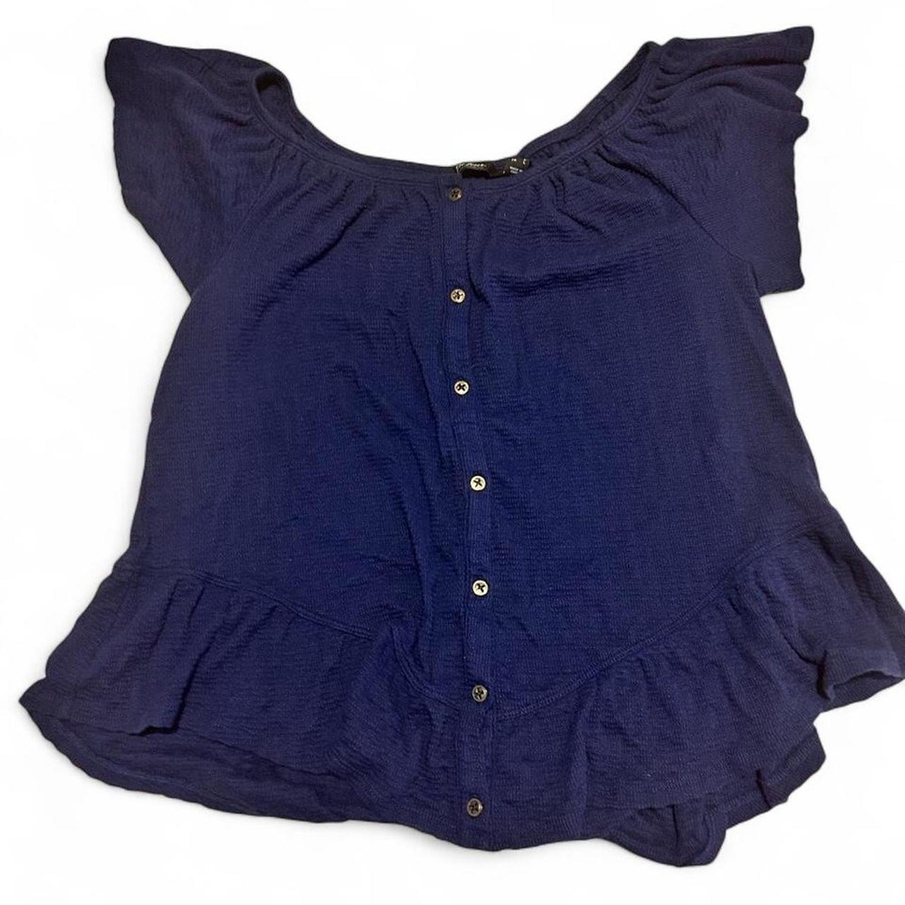 Navy blue coastal waffle button up blouse with ruffle detail